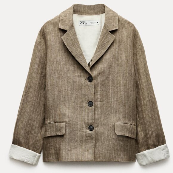 ZARA Linen Beige Striped Blazer Size M - Picture 1 of 11